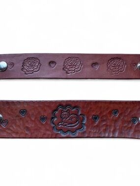 Brown Leather Embossed Floral & Cat Leather Cuff Bracelets